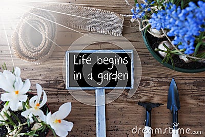 Sunny Spring Flowers, Sign, Quote Life Begins In A Garden Stock Photo