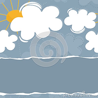 Sunny spring summer day with white clouds and yellow sun torn horizontal border Vector Illustration