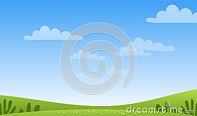 Sunny spring or summer landscape, meadows, sky with clouds, place for text. Green farm banner, concept of caring for Vector Illustration