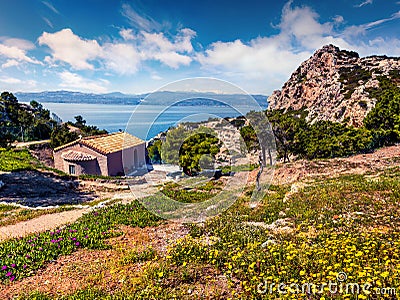 Sunny spring view of Agios Ioannis Church. Splendid morning view of West Court of Heraion of Perachora, Limni Vouliagmenis Stock Photo