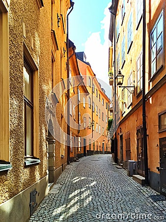 Sunny street in the old center of Stockholm Stock Photo