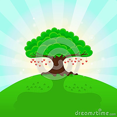 Sunny summer background. Hearts on the tree. Vector Illustration