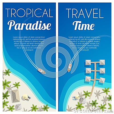 Sunny summer beach vertical banners with palms and bungalows. Vector illustration, eps10. Cartoon Illustration