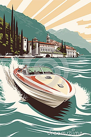 Sunny summer day on the of lake Como riding a speed boat, Italy. Retro exclusivists Cartoon Illustration