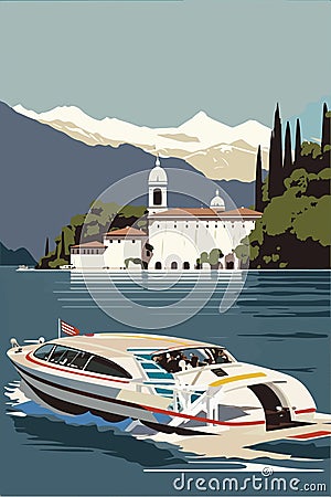 Sunny summer day on the of lake Como riding a speed boat, Italy. Retro exclusivists Cartoon Illustration