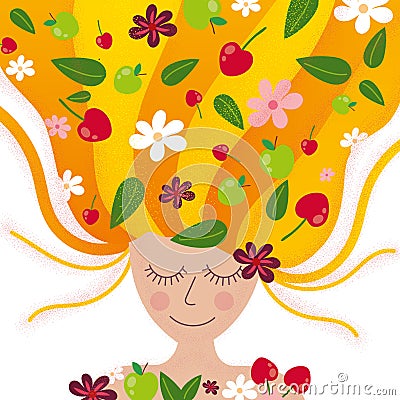 Sunny summer long hair woman Cartoon Illustration