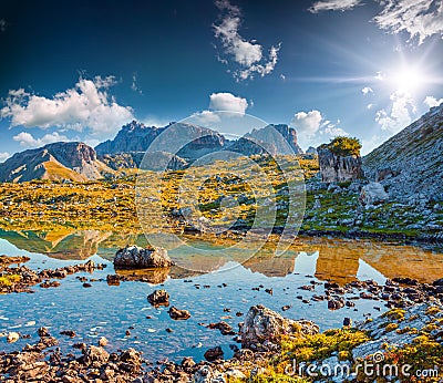 Sunny summer morning on the Lago Rienza Stock Photo