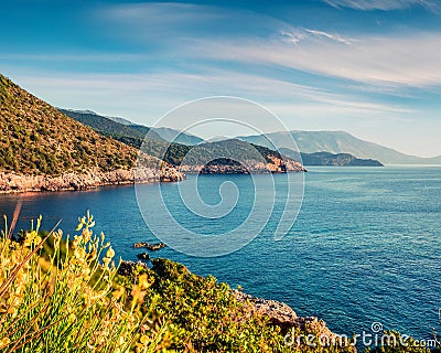 Sunny summer view from Ierussalim Beach. Picturesque morning seascape of Ionian sea. Impressive sunrise on Kefalonia Island, Greec Stock Photo