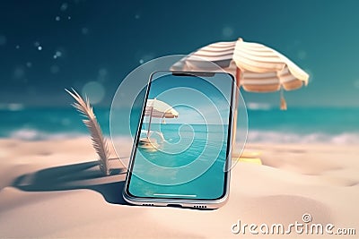 sea summer sand mock holiday concept creative cyber phone up palm. Generative AI. Stock Photo