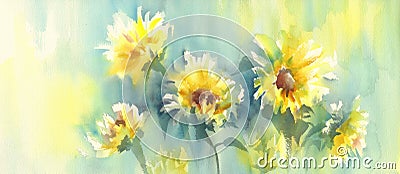 Sunny sunflowers on the yellow and green background watercolor Cartoon Illustration