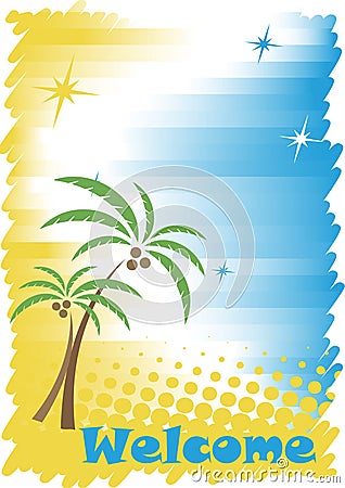 Sunny tropic seacoast with golden sand,blue water and palms Vector Illustration