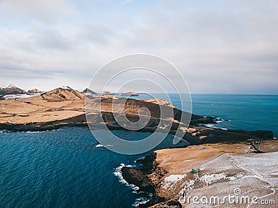 Sunny view of Helgafell volcano on Westman Islands Vestmannaeyjar Stock Photo