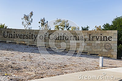 Sunny view of the sign of University of California Irvine Editorial Stock Photo