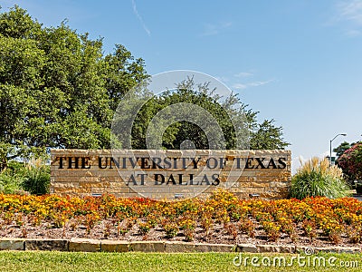 Sunny view of the sign of The University of Texas at Dallas Editorial Stock Photo