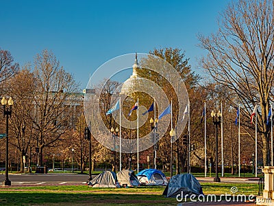 Sunny view of some homeless tent in front of the Union Station Stock Photo