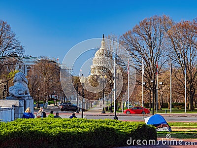 Sunny view of some homeless tent in front of the Union Station Editorial Stock Photo