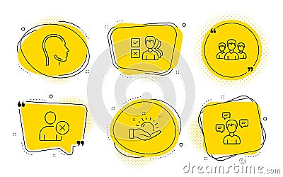 Sunny weather, Delete user and Head icons set. Opinion, Group and Conversation messages signs. Vector Vector Illustration