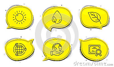 Sunny weather, Leaf and Leaf dew icons set. Eco energy sign. Sun, Environmental, Water drop. Ecology. Vector Vector Illustration