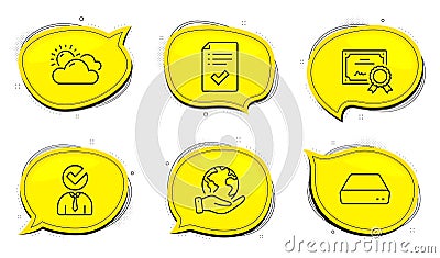 Sunny weather, Mini pc and Approved checklist icons set. Vacancy sign. Summer, Computer, Accepted message. Vector Vector Illustration