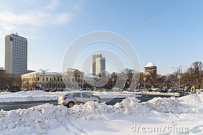 Sunny Winter Day Following A Strong Snow Storm In Downtown Bucharest City Editorial Stock Photo