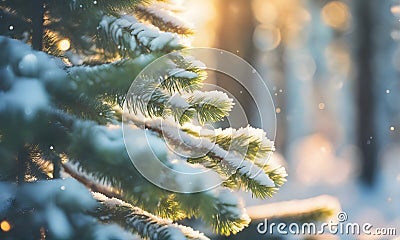 Sunny winter forest with fir trees Stock Photo