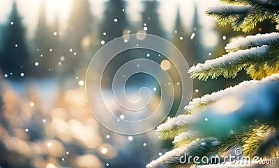 Sunny winter forest with fir trees Stock Photo