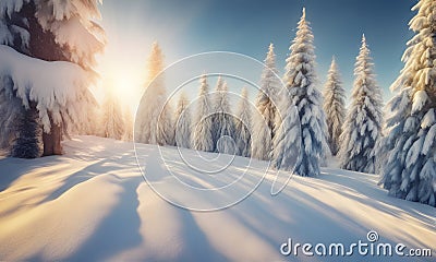 Sunny winter forest with fir trees Stock Photo