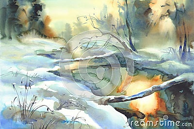 Sunny winter landscape with a river watercolor Stock Photo