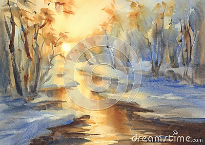 Sunny winter landscape with a river watercolor Stock Photo