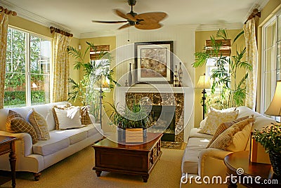 Sunny Yellow Living Room w/Fan Stock Photo