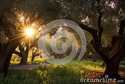 sunrays filtering through olive trees in the orchard Stock Photo