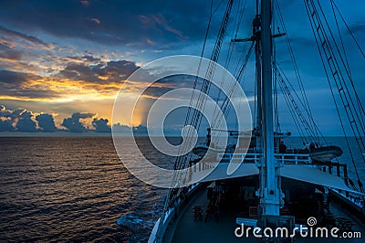 Sunrise Aboard a Traditional Phinisi Schooner Stock Photo