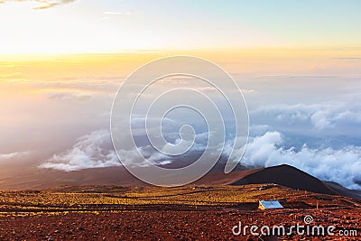 Sunrise above clouds and warm sky. Stock Photo