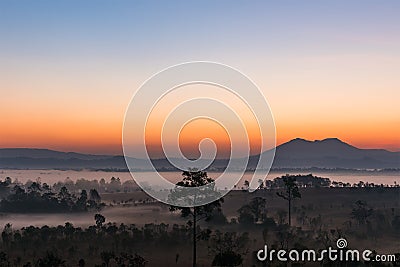 Sunrise above the mountain and misty forest on the morning. Stock Photo