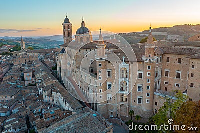 Sunrise aerial view over Palazzo Ducale in Italian town Urbino Stock Photo