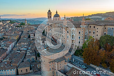 Sunrise aerial view over Palazzo Ducale in Italian town Urbino Stock Photo