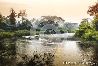 Sunrise over African River, Ishasha River, Uganda Stock Photo