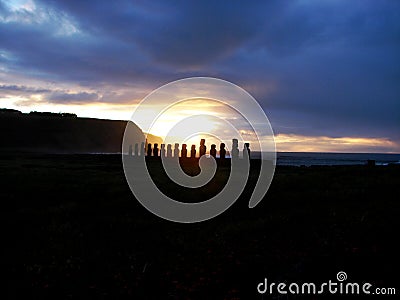 Sunrise at Ahu Tongariki, Rapa Nui, Chile Stock Photo