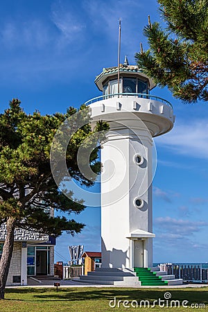 Detail view on main Ganjeolgot Lighthouse, upper direction light near coast. Easternmost Point of Peninsula in Ulsan, South Korea Editorial Stock Photo
