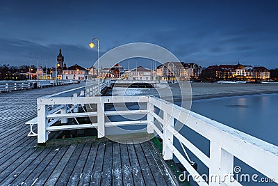 Cold morning at Pier in Sopot Stock Photo