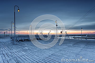 Cold morning at Pier in Sopot Stock Photo