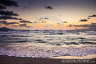 Sunrise on beach, Playa de Muro, AlcÃºdia, Mallorca Stock Photo