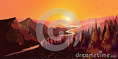 Sunrise in beautiful mountains with river and forest. Vector illustration for your design Vector Illustration