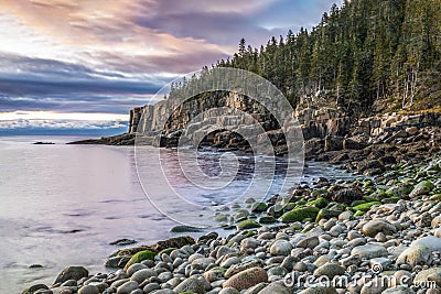 Sunrise at Boulder Beach and the Otter Cliffs - Maine Stock Photo