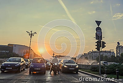 Sunrise in Bucharest city, the shore of Dambovita river, downtown, Romania Editorial Stock Photo