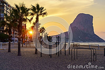 Sunrise between buildings in beachside vacation complex. Calpe Alicante. Stock Photo