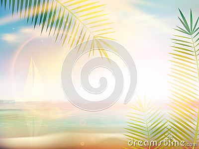 Sunrise on Caribbean beach design template. Vector Illustration