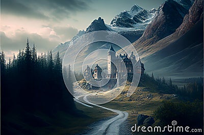 sunrise castle over the mountains Stock Photo