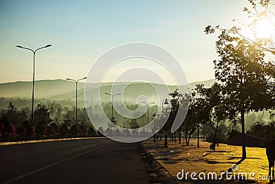 sunrise dawn on the road in Phan Thiet, Binh Thuan province, Vietnam. Stock Photo