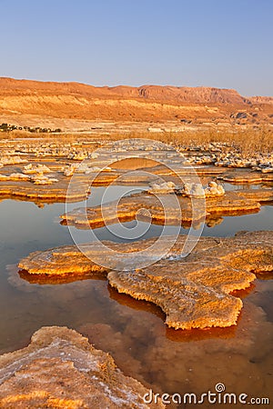 Sunrise at Dead Sea Israel desert landscape salt portrait format morning water nature Stock Photo